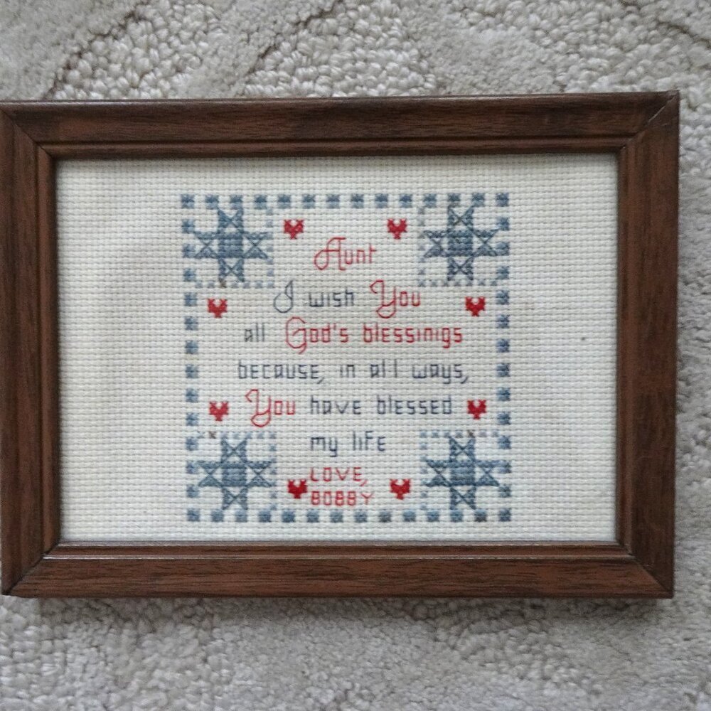 Cross Stitch Picture for Aunt Blessing Framed Vintage 5.5" x 7.75" Hearts